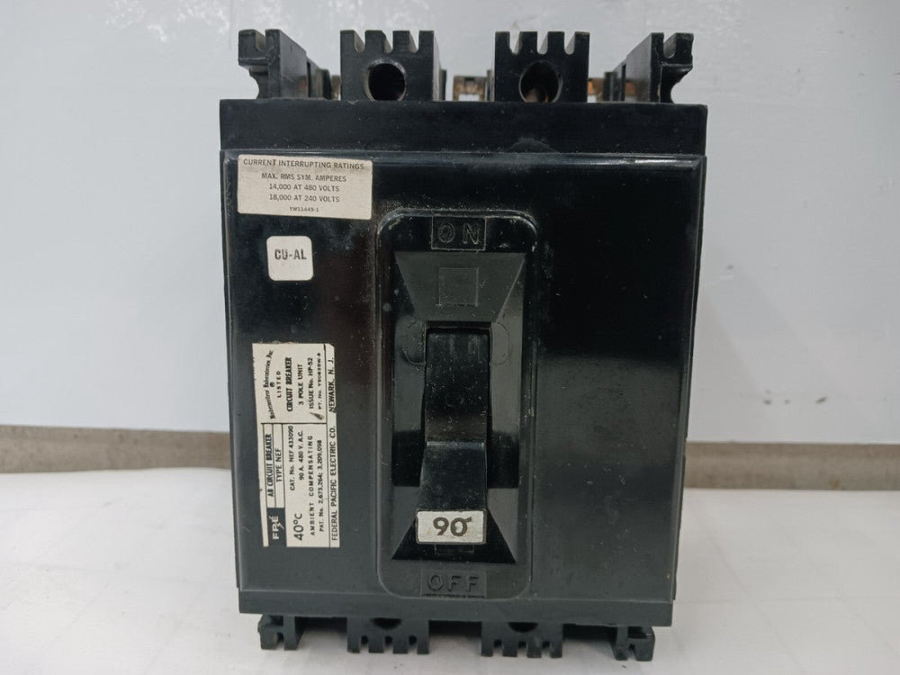 FPE FEDERAL PACIFIC 90 AMP CIRCUIT BREAKER 3 POLE 480 VAC NEF433090