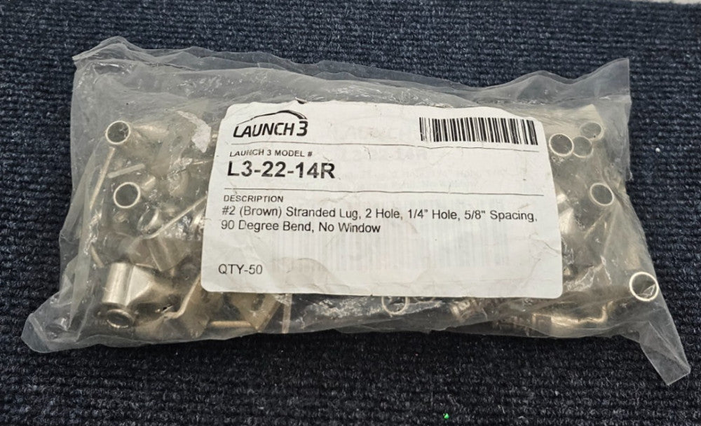 (QTY 50) Launch3 L3-22-14R: #2 Stranded Lug, 2 Hole, 1/4" Hole, 5/8" Spacing 90D