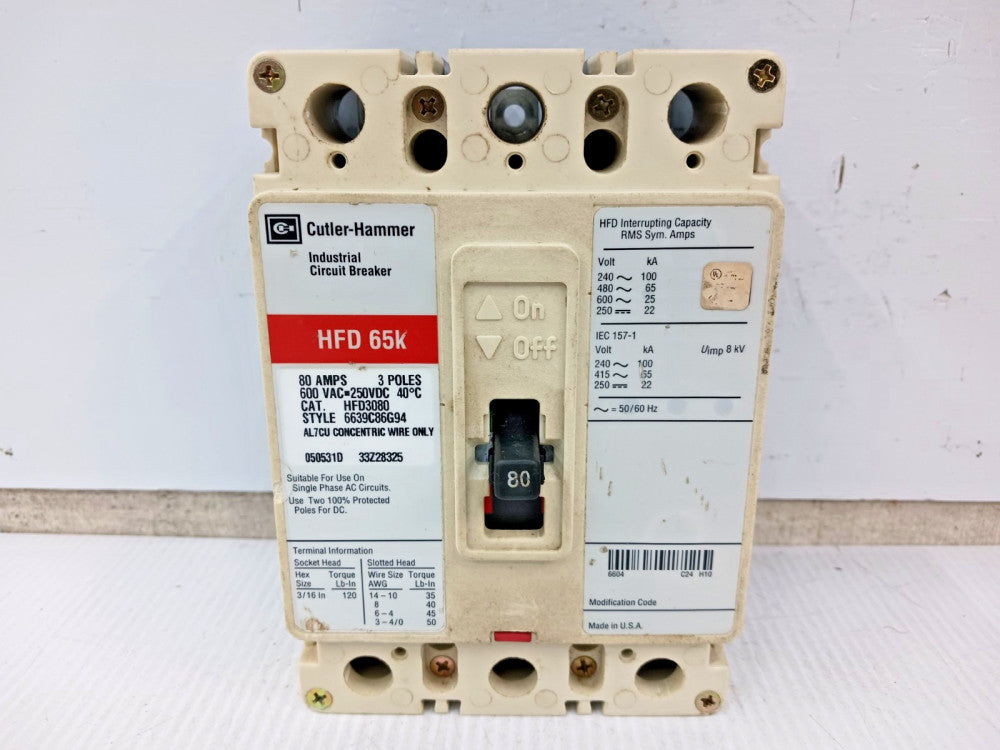 Cutler Hammer 80 Amp Circuit Breaker 3 Pole 600 VAC / 250 VDC 65kA HFD3080