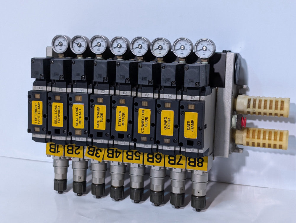 SMC manifold with 8 solenoid valves, 8NARBF3050-P Regulator, valve mounting surf