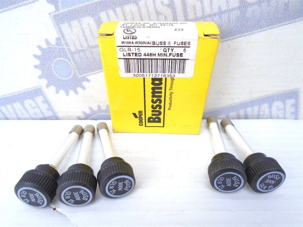 (5 Pc) BUSSMANN - GLR-15 Fast Acting GLASS FUSE w/KNOB 15A 300VAC 10kA - (NEW)