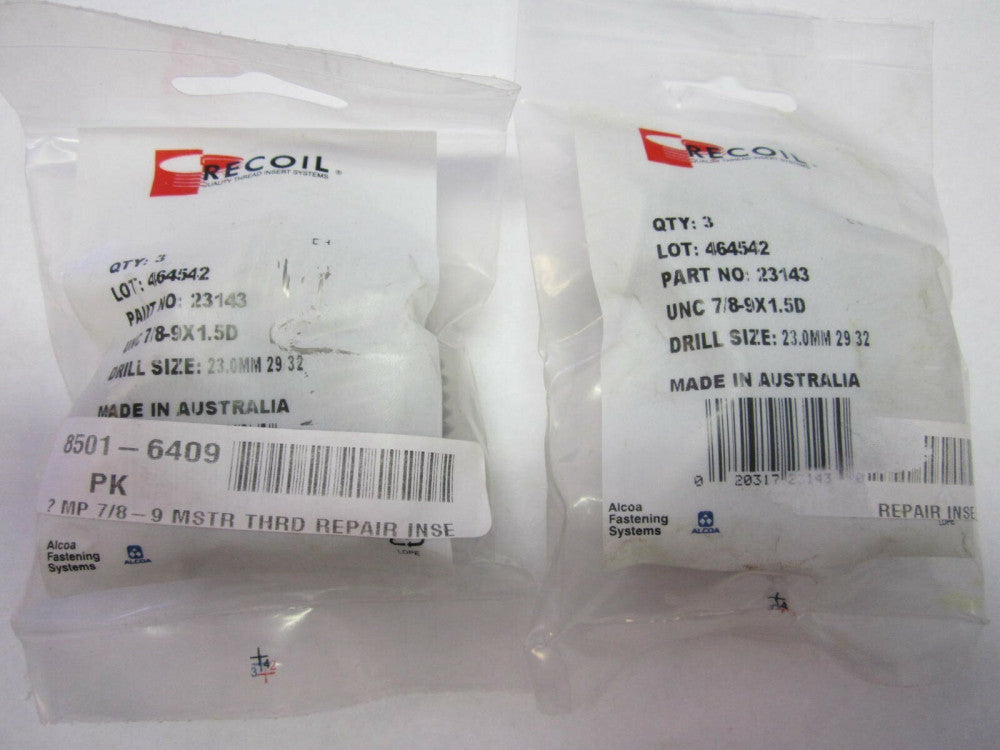 Recoil 23143 SS Tanged Free Running Helical Thread Inserts 7/8-9 UNC Lot of 6 