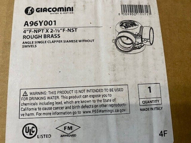 Giacomini A96Y001 4" NPT F x 2 1/2" NST F, Exposed fire dept. inlet connection
