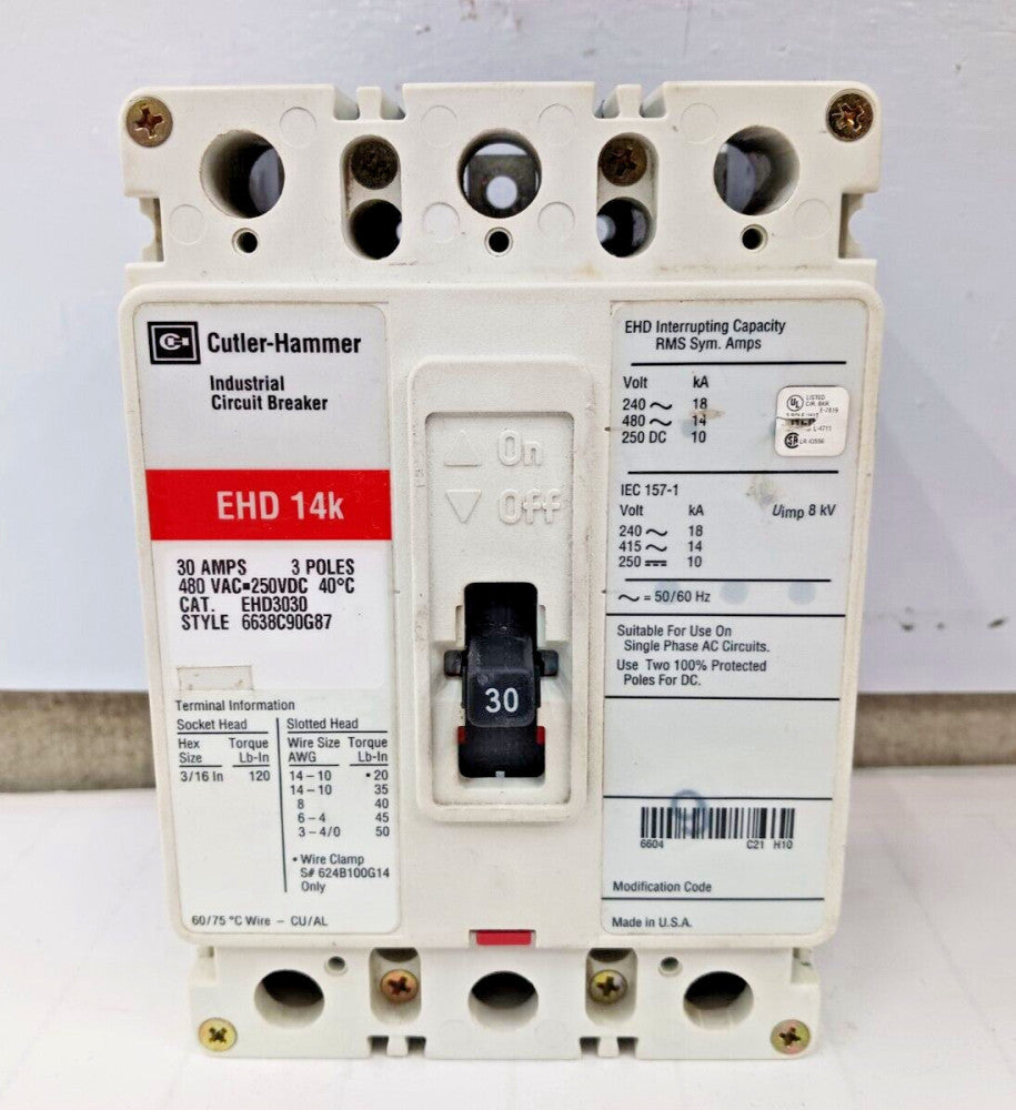 CUTLER HAMMER 30 AMP CIRCUIT BREAKER 3 POLE 480 VAC EHD3030