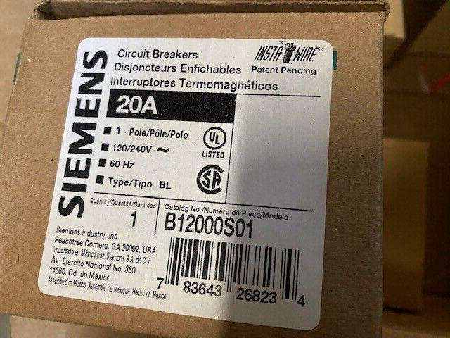 SIEMENS 20A B12000S01 Bolt-On Circuit Breaker BL Series (NEW)