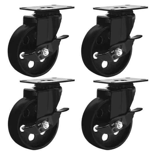 4 All Black Metal Swivel Plate Caster Wheels w/Brake Lock Heavy Duty High-Gau...