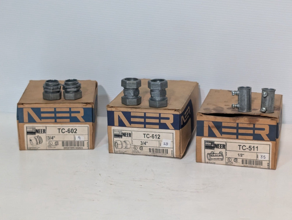 Lot of 62/3 Boxes Neer EMT Couplings: TC-511 (x35), TC-602 (x19), TC-612 (x18)