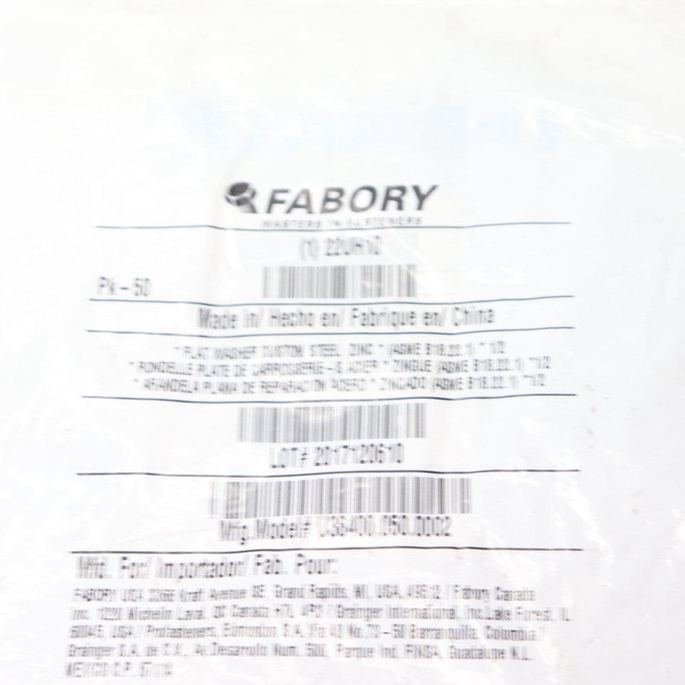 (50-Pk) Fabory Flat Washers Carbon Steel Zinc Plated 1/2 x 1-1/4 OD 1 22UH10