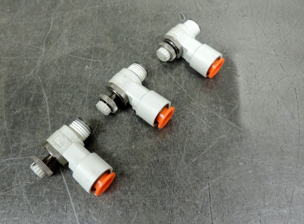 SMC 1/4" NPT X 3/8" Pneumatic Flow Valve Push to Connect Fitting Lot of (3)