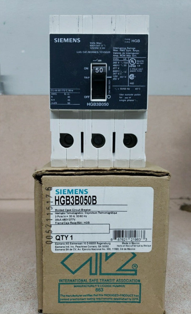 New Old Stock! Siemens HGB3B050 Circuit Breaker 3P 50A Amp 600v-ac 125/250v-dc