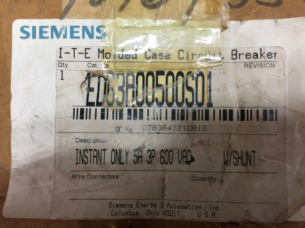 NEW IN BOX SIEMENS 5AMP 3POLE 600VAC 250VDC BREAKER WITH SHUNT TRIP ED63A005 / S