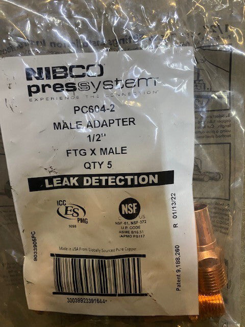 (5 PACK) NIBCO Pressystem PC604-2 Male Adapter 1/2” FTG X Male