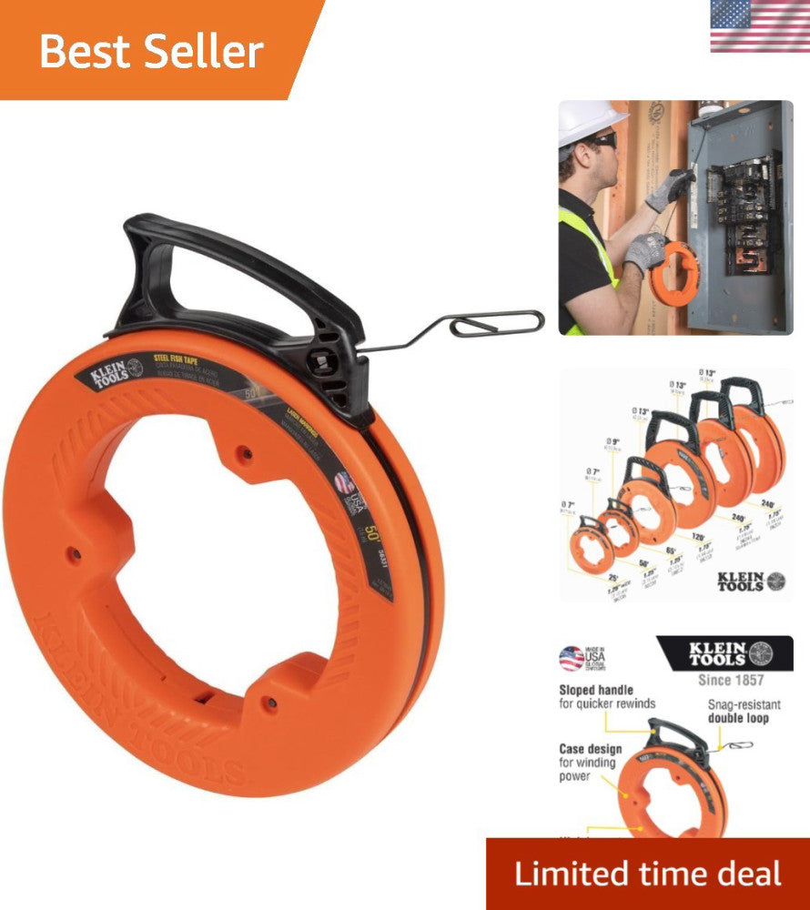 Flexible 50-Foot Steel Fish Tape with Laser Etched Markings for Precise Pulling