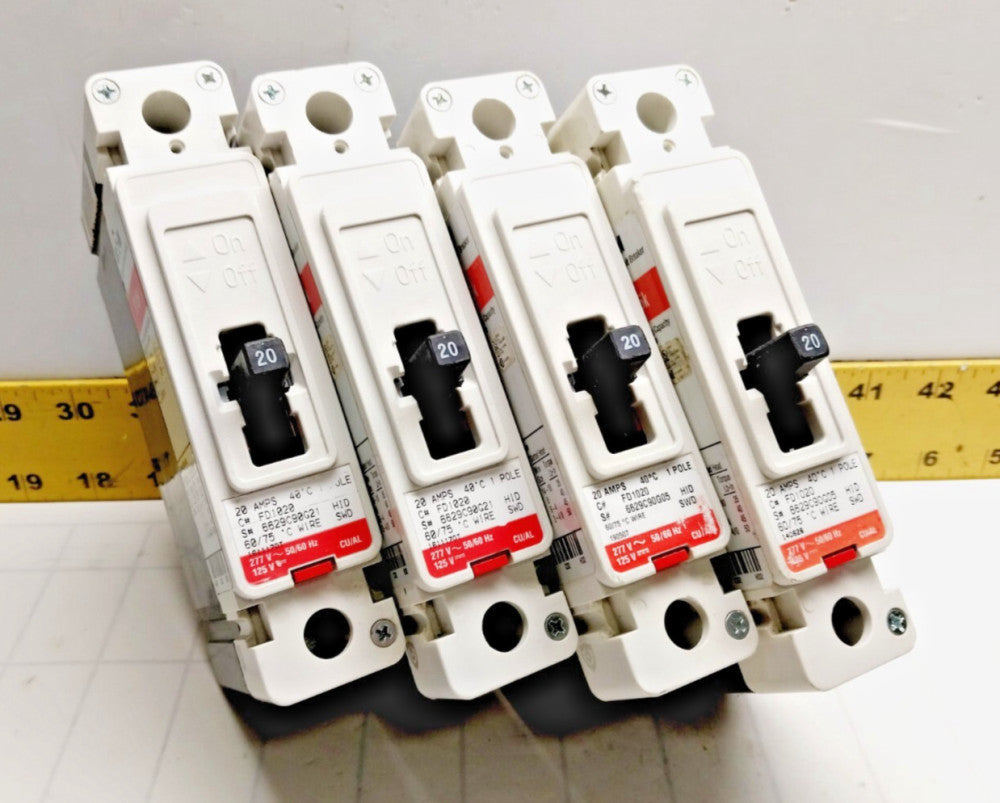 4) Eaton 20 Amp Circuit Breakers 277 VAC / 125 VDC Single Pole  FD1020  LOT OF 4