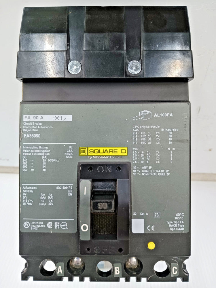 Square D 90 Amp I-Line Circuit Breaker 3 Pole 600 VAC / 250 VDC 18kA FA36090