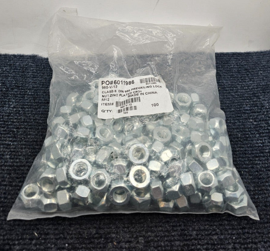 (100 PIECES) M12 DIN 980 Prevailing Lock Nut Zinc Class 8 CR3+ 980-V-12