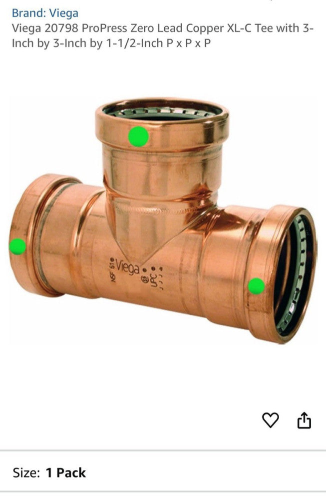 Viega ProPress Zero Lead Copper XL-C Tee 3-Inch by 1-1/2-Inch P x P
