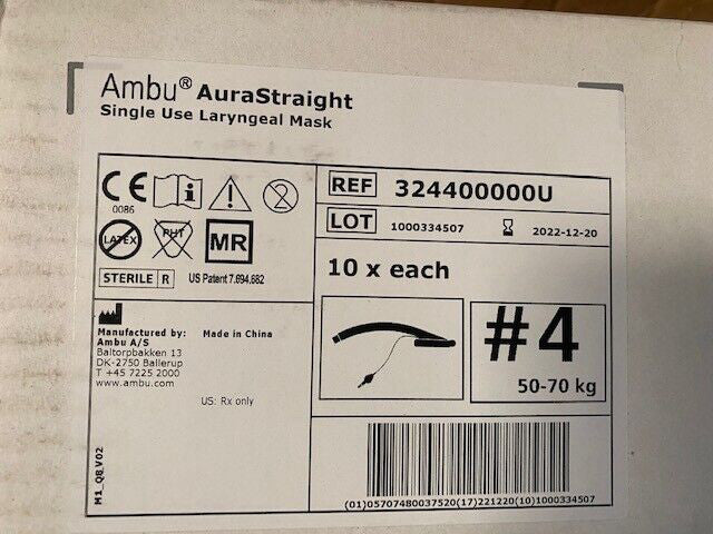 (Case of 10) Ambu 324400000U Mask Laryngeal Aura #4 Straight, EXP 12/20/2022