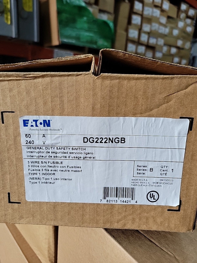 EATON DG222NGB HEAVY DUTY SAFETY SWITCH 60A 2P 240V CARTRIDGE FUSED NEMA 1