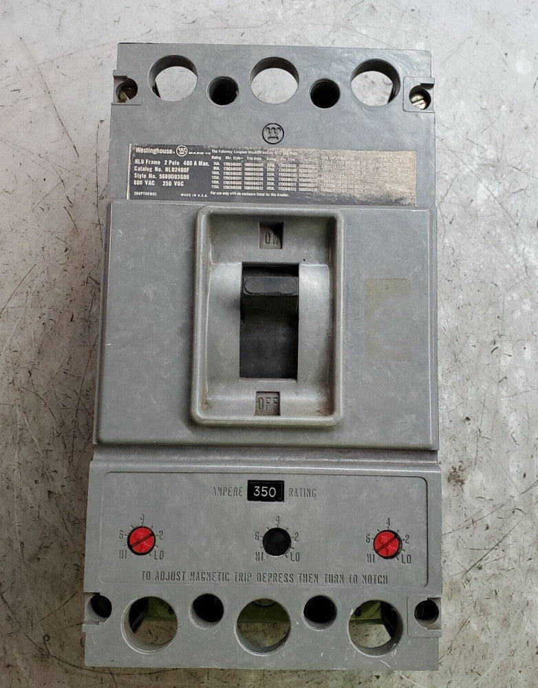 WESTINGHOUSE 400 AMP CIRCUIT BREAKER W/ 350 AMP TRIP 600 VAC 2 POLE  HLB2400F