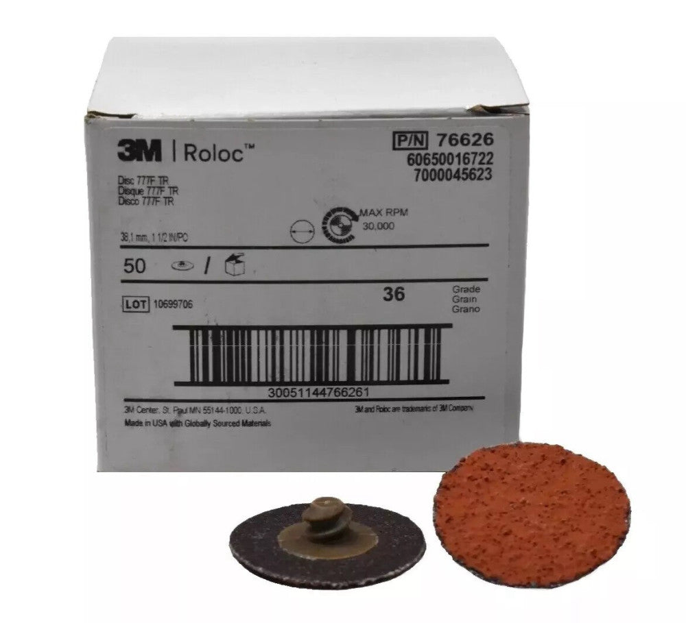 3M Roloc 76626 Quick Change Disc 777F TR, Grit 36, 1.5” (Pack of 50)