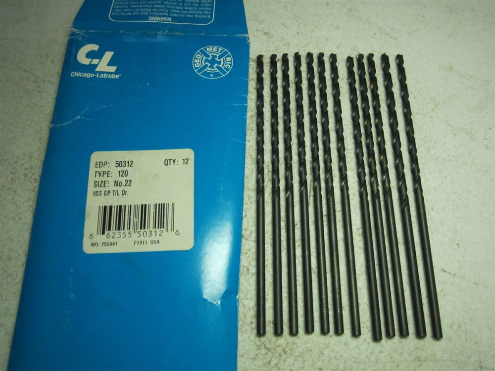 Chicago - Latrobe (50312) #22 118° Spiral Fl HSS Taper Length Drill Bit - Qty 12