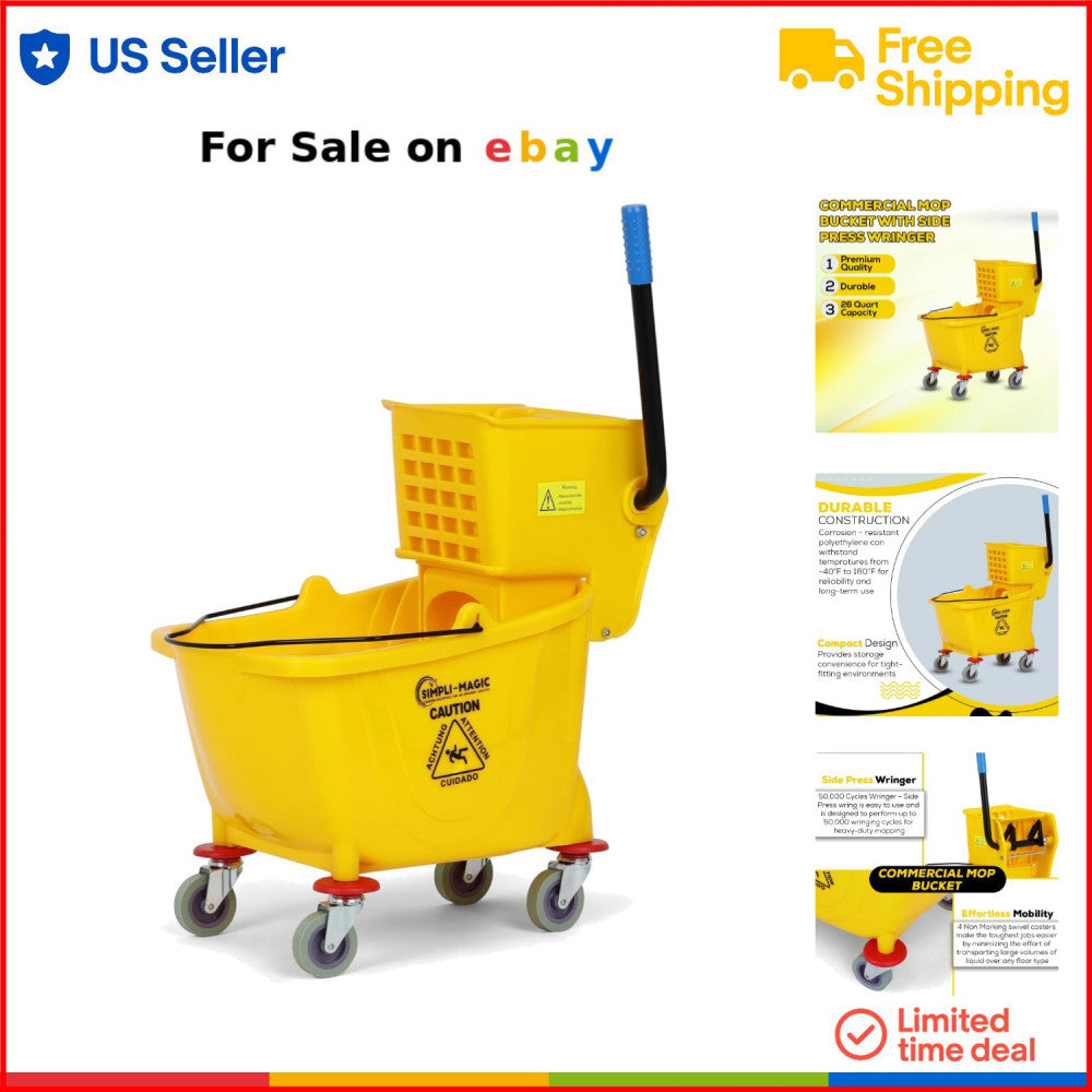 Commercial Mop Bucket Polyethylene 26 Quart Side Press Wringer Yellow