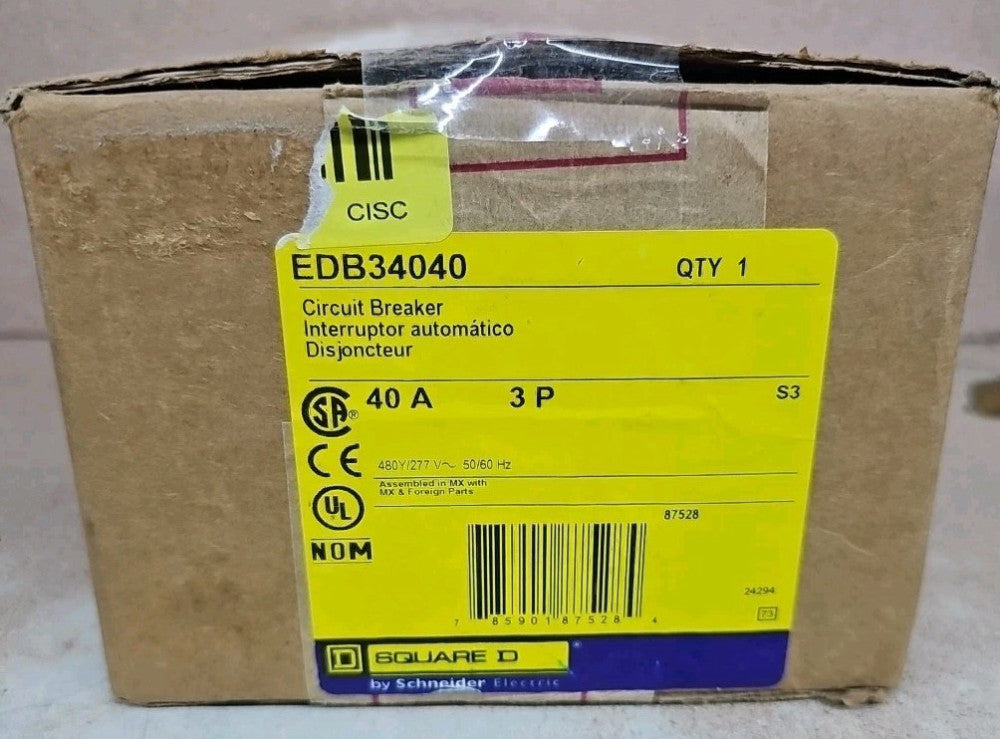 Square D EDB34040 Circuit Breaker 40 Amp 3 Pole 480Y/277V