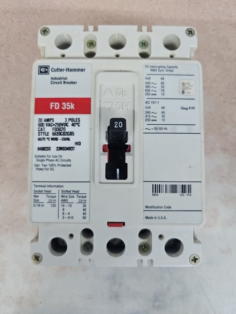 Eaton FD3020 Circuit Breaker 20 Amp 3 Pole 600 Vac NTO