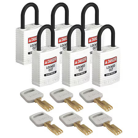 Brady Cpt-Wht-25Pl-Ka6pk Lockout Padlock,Nylon,1/4" W,Wht,Pk6