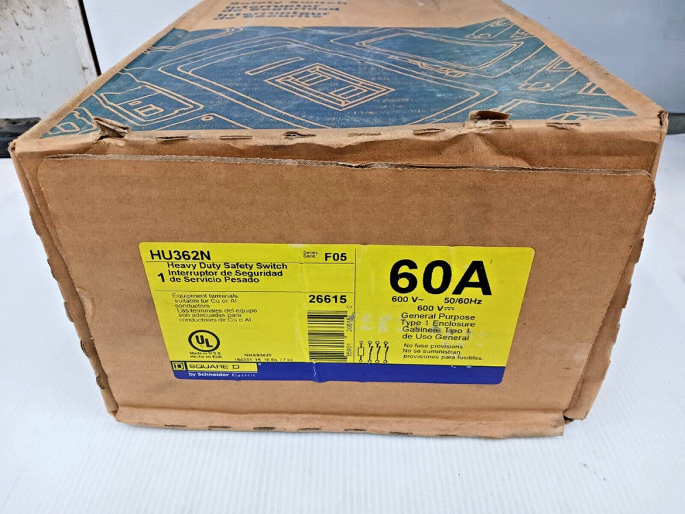 NEW SQUARE D 60 AMP NON-FUSIBLE SAFETY SWITCH 3 POLE 600 VAC / VDC HU362N