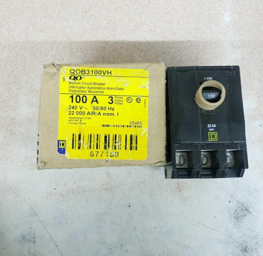 1) New Old Stock! Square D QOB3100VH 3 Pole 100 Amp QOB3100 22K Bolt In Breaker