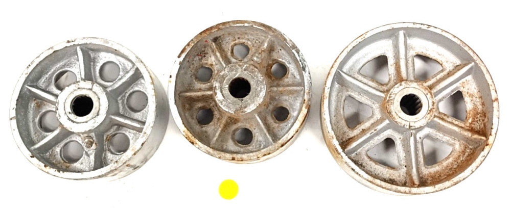 LOT OF 3 CASTER WHEELS  6 IN WHEEL DIA. X  2 IN THICK,  AND X2 5 IN X 2 IN