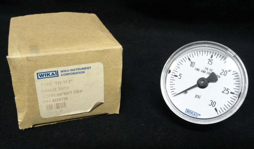 WIKA GAUGE 2" ~ PN: 131.11 ~ 4228735 ~ 0-30 PSI ~ Rear 1/4" NPT CBM ~ NEW in BOX