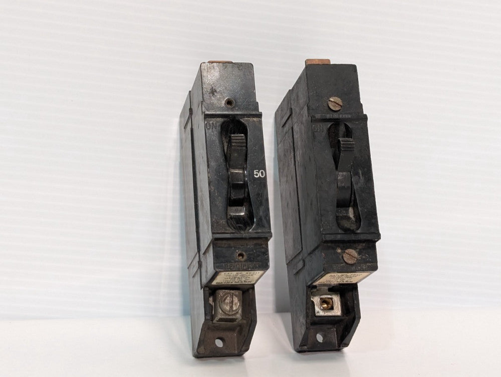 Lot of 2 Heinemann XO411 circuit breakers, 50A, 120/240VAC, 1 pole as shown