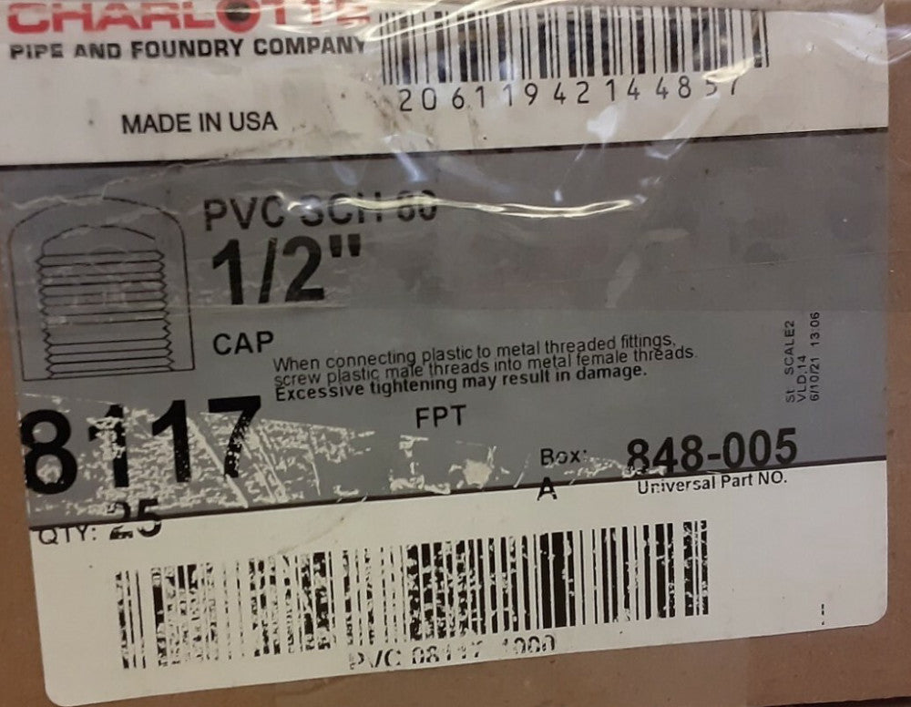 BRAND NEW CHARLOTTE CAP PVC 1/2"  8117, 848-005 (25 PC LOT)
