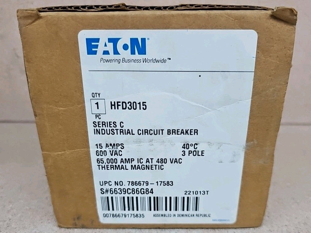 Eaton HFD3015 Circuit Breaker 15A 3-Pole 600VAC