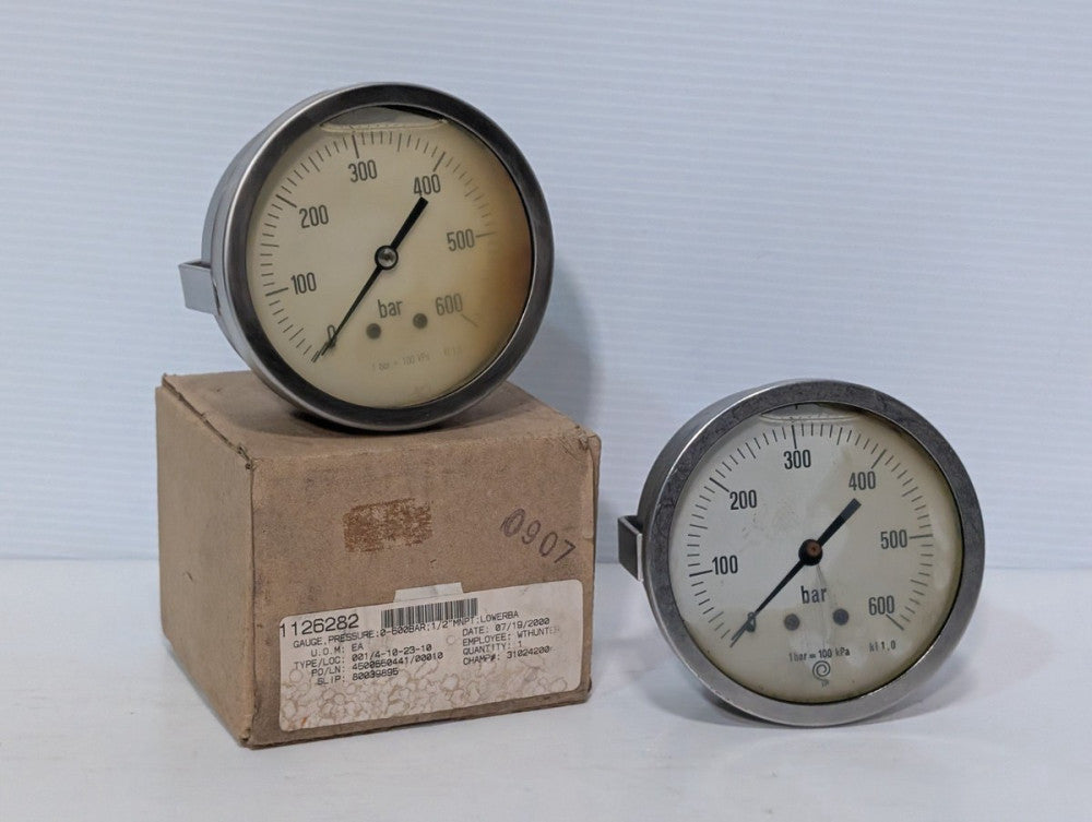 Lot of 2: 1126282 Lower Mount Pressure Gauges, 0-600 Bar, 1/2" MNPT