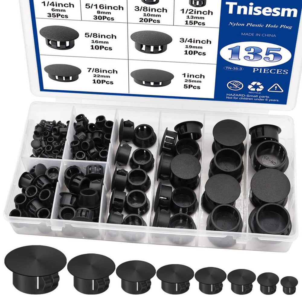 Tnisesm 135Pcs 8 Sizes Nylon Plastic Hole Plugs Black 1/4" 5/16" 3/8" 1/2" 5/...
