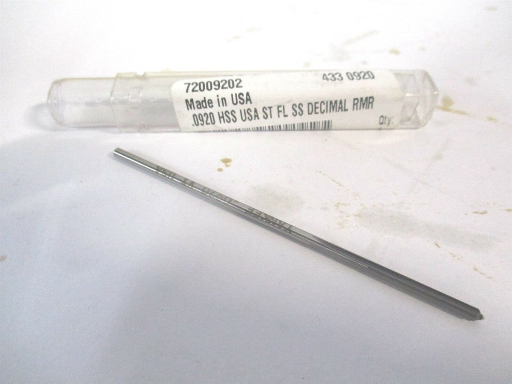 (433-0.0920) 0.092" x 3/4" x 3" OAL 4-Flute Straight Shank HSS Chucking Reamer 