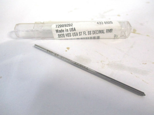 (433-0.0920) 0.092" x 3/4" x 3" OAL 4-Flute Straight Shank HSS Chucking Reamer 