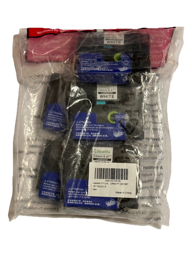 5 Pack Labelife White Laminated Label Tape 12mm x .47" for Brother P Touch D600