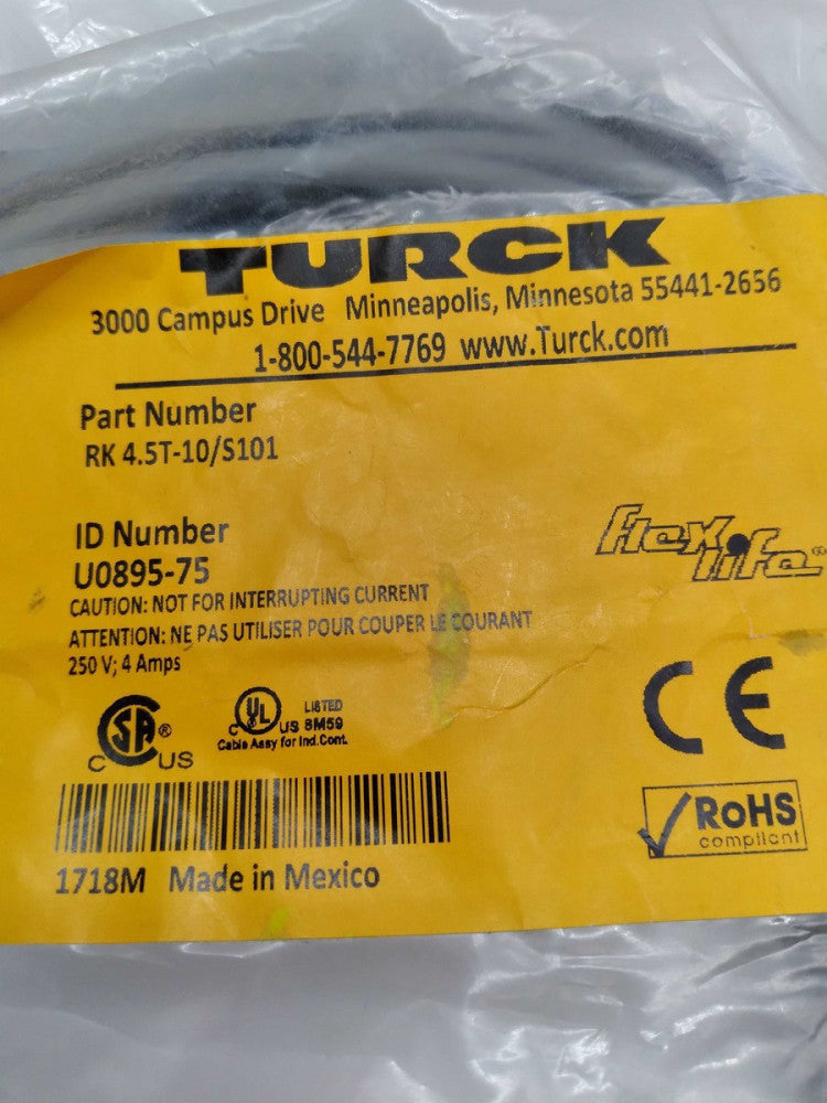 NEW TURCK RK 4.5T-10/S101 TURCK M12 EUROFAST STRAIGHT FEMALE CONNECTOR U0895-75 