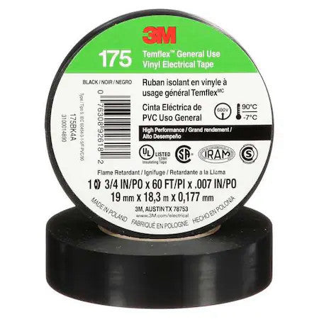 3M 175Bk4a Elec Tape,60 Ft Lx3/4 In W,7 Mil,Black