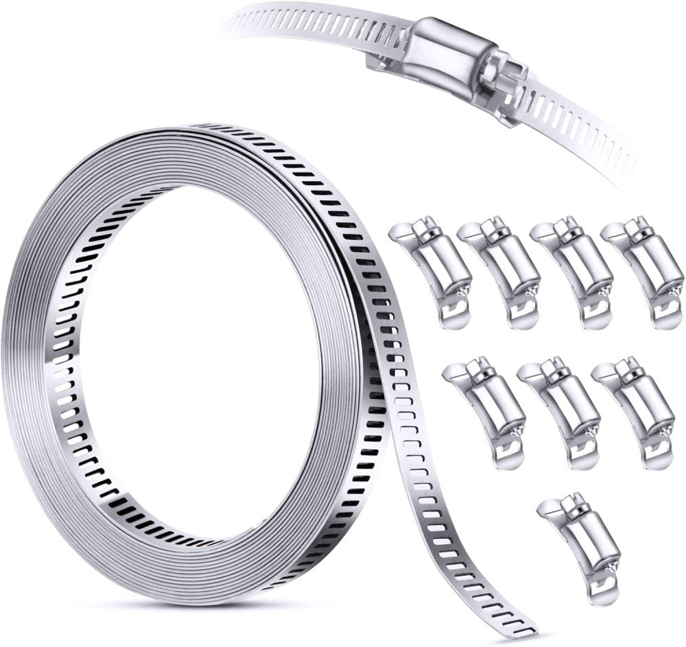 304 Stainless Steel Hose Clamp Assortment 12 FT Strap+8 Fasteners, Metallic 