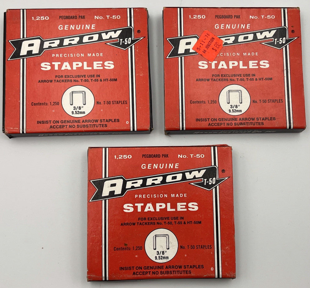 Genuine Arrow T-50 Staples 3/8” (1,250 ct) Set of 3 Boxes - New Old Stock