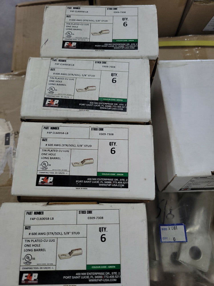 F4P CL60058  LB  0309-7308 TIN PLARED CU LUG ONE HOLE LONG BARREL 600 AWG