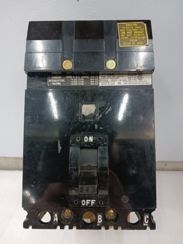 SQUARE D 20 AMP CIRCUIT BREAKER 3 POLE 600 VAC FA-36020