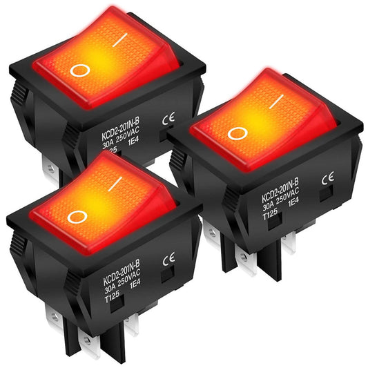 30A 250V KCD2 KCD4 Rocker Switch DPST 4 Pin Red Lighted 120V Rocker Toggle Switc