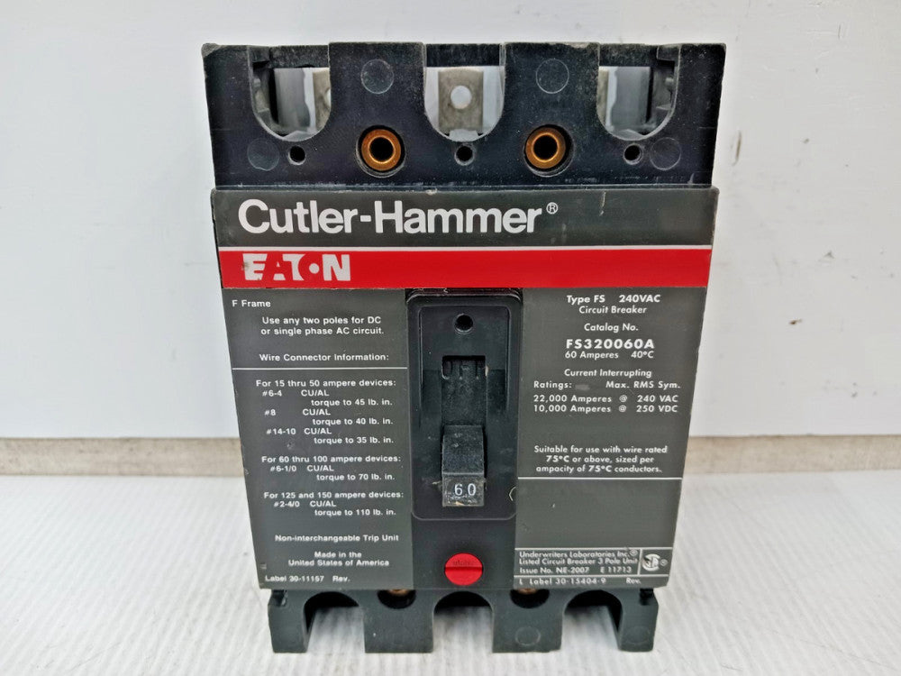 Eaton 60 Amp Circuit Breaker 3 Pole 240 VAC / 250 VDC 22kA FS320060A